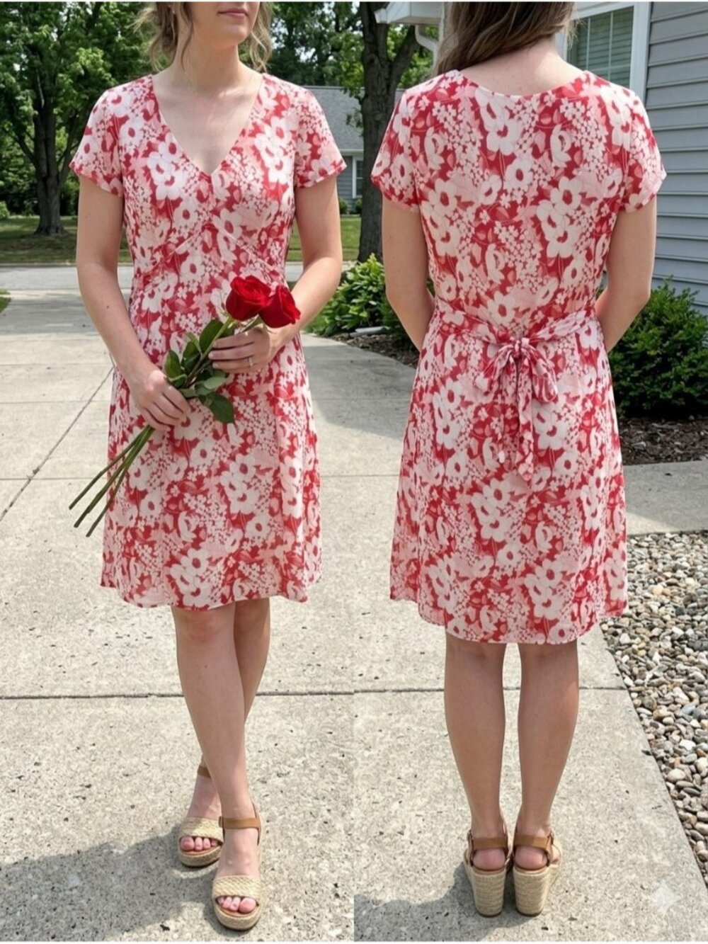 Ann Taylor LOFT Red White Floral V-Neck Chiffon Dress A-Line Tie Back Vintage 12